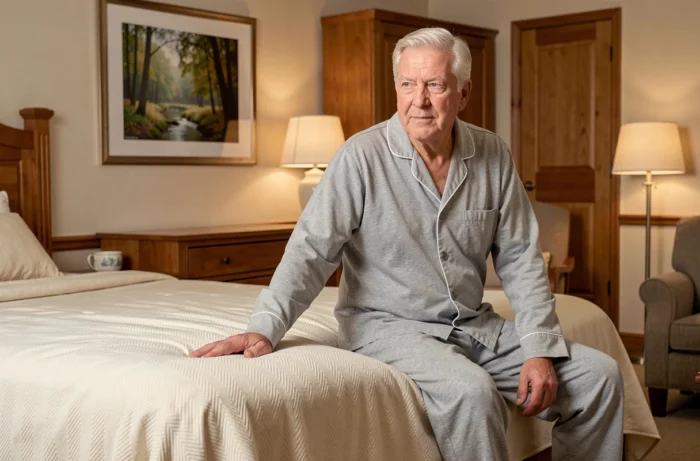 Senior assis sur un lit équipé d'un drap de sécurité Sécuridrap dans une chambre confortable et rassurante