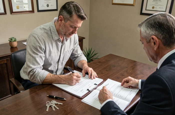 Homme signant un contrat d'achat immobilier chez le notaire avec des clés posées sur le bureau