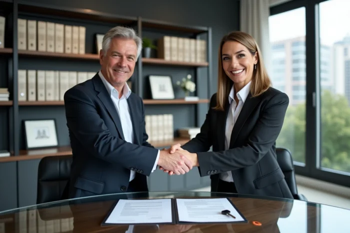 Signature d'un contrat immobilier et remise des clés dans un bureau notarial professionnel