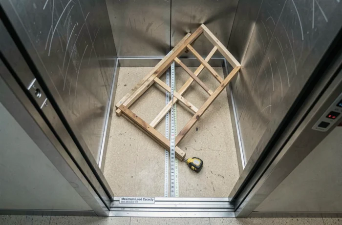 Vue aérienne d'un sommier positionné en diagonale dans une cabine d'ascenseur standard avec mètre ruban
