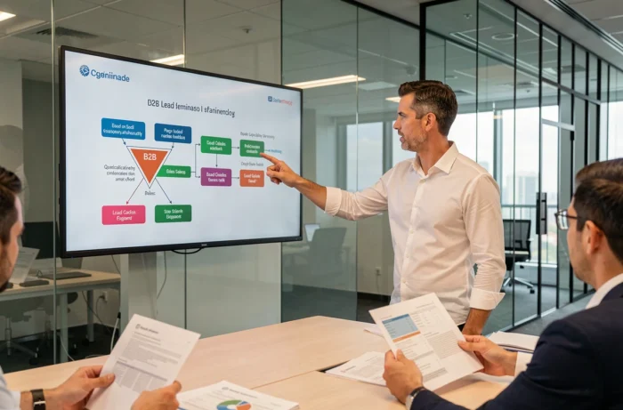 Manager B2B présentant un tunnel de prospection et de qualification de leads sur écran tactile lors d'une réunion d'équipe commerciale