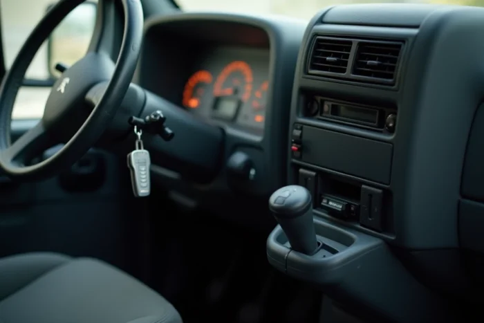 Tableau de bord d'un Peugeot Boxer avec clé de contact et lecteur OBD branché pour diagnostic de l'anti-démarrage