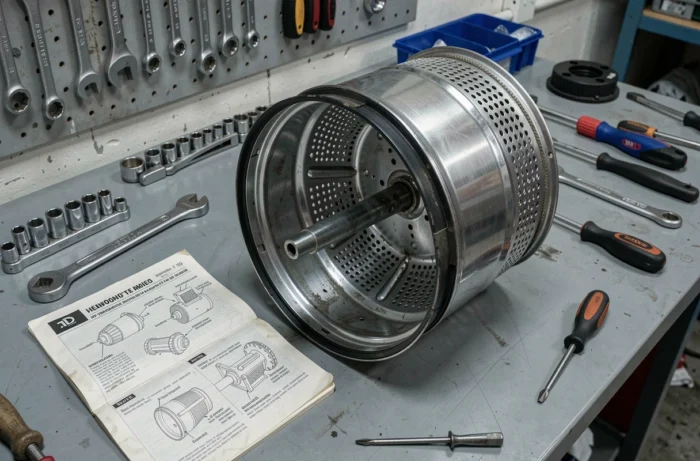 Tambour de machine à laver démonté sur un établi avec outils de réparation