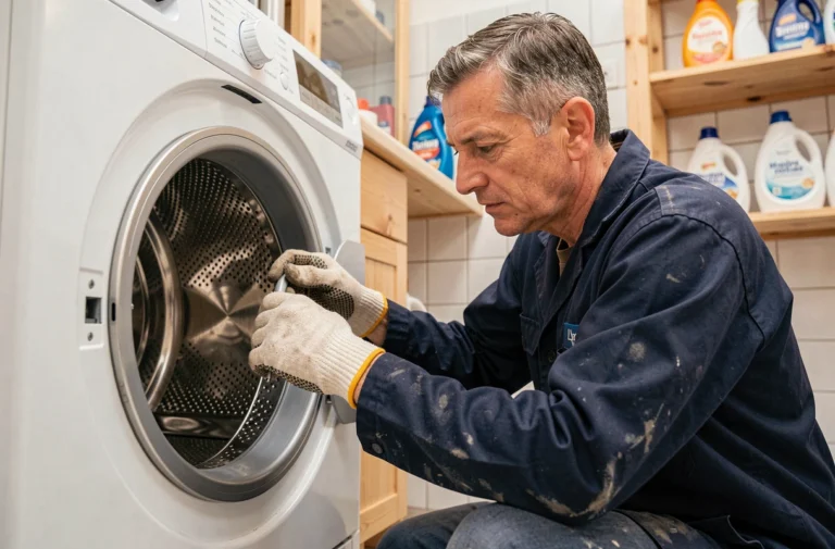 Technicien réparant le tambour d'une machine à laver dans une buanderie domestique