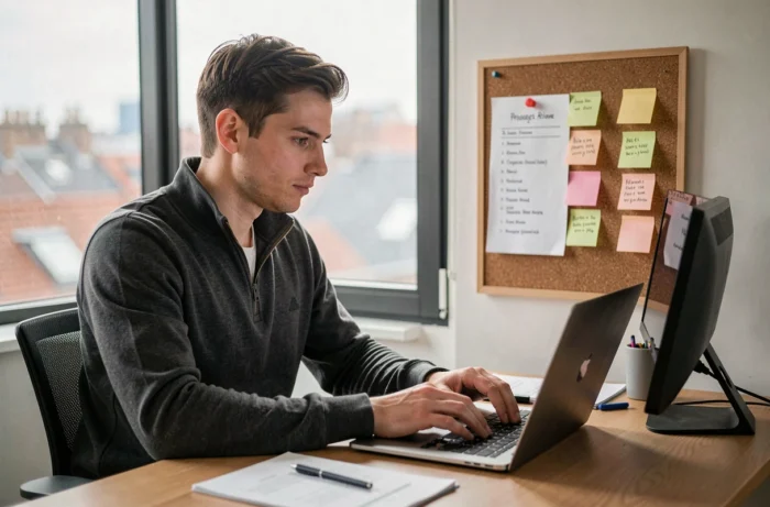 Jeune commercial en télétravail effectuant sa prospection digitale B2B sur ordinateur portable depuis un bureau à domicile moderne