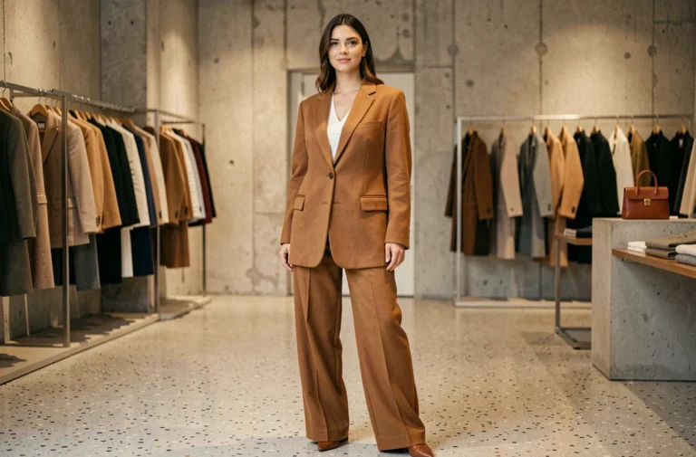 Femme portant un blazer camel structuré et un pantalon large dans une boutique Maison de Mode au style minimaliste parisien