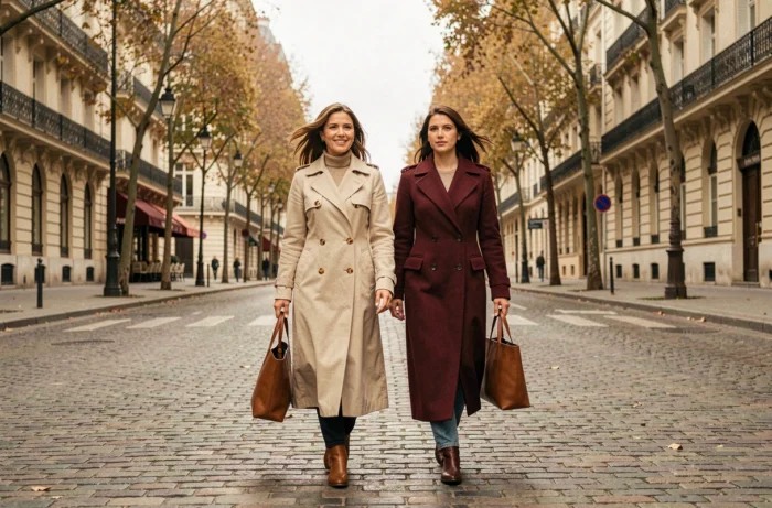 Deux femmes élégantes portant des manteaux tendance saison se promenant sur un boulevard parisien pavé aux tons automnaux