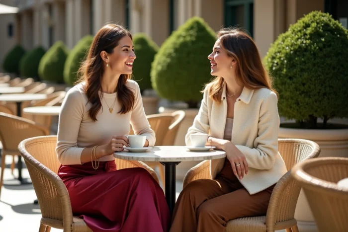 Deux femmes élégamment habillées selon les tendances mode de la saison assises à la terrasse d'un café, jupe satin bordeaux et veste bouclé ivoire