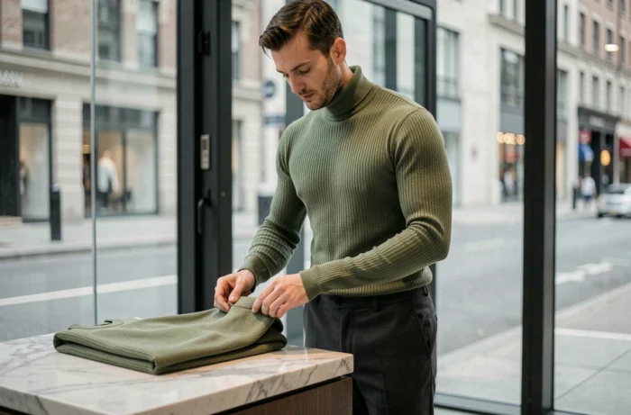 Homme en pull col roulé vert sauge et pantalon charbon inspectant une pièce de collection dans un showroom design moderne