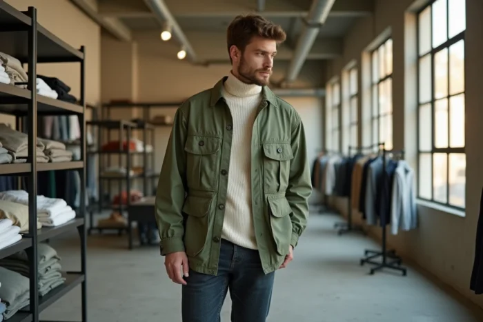 Homme portant une veste utilitaire verte et un col roulé blanc cassé dans un concept store minimaliste, mode tendance masculine hiver