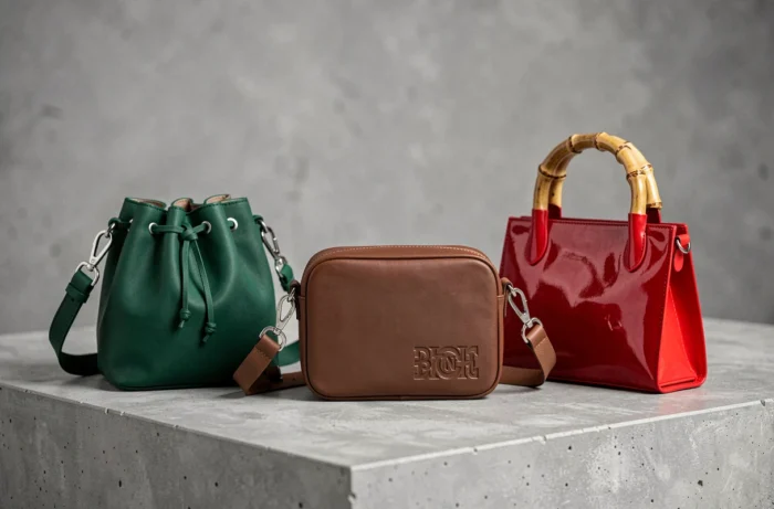 Trois sacs à main tendance 2024 posés sur un fond en béton brut : micro sac bucket vert, crossbody marron et mini tote rouge verni