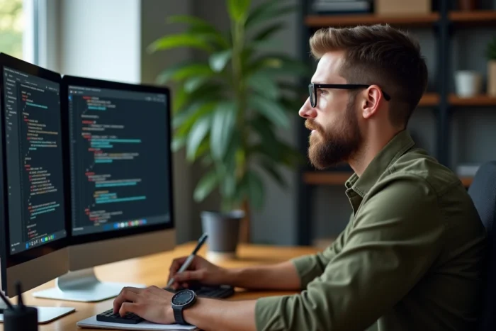 Homme testant un site web sur son ordinateur de bureau et prenant des notes manuscrites pour être rémunéré comme testeur en ligne