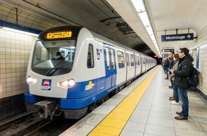 Train de la ligne 4 du métro de Paris entrant en station avec des passagers sur le quai