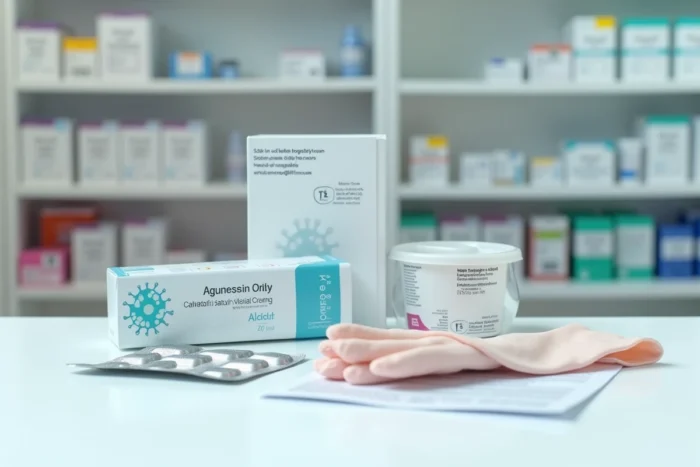Médicaments antiviraux et crème topique pour le traitement du zona fessier disposés sur un comptoir de pharmacie