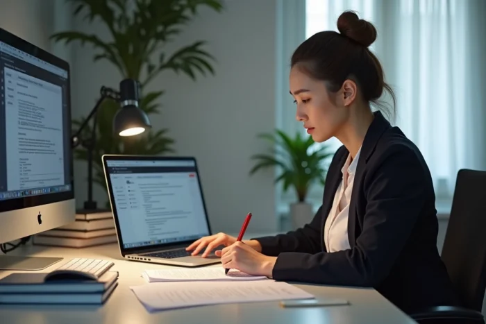 Femme créant une formation en ligne et relisant un ebook imprimé à son bureau pour les vendre sur des plateformes dédiées