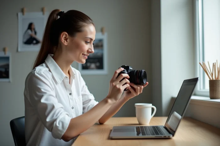 Jeune femme photographe sélectionnant ses photos sur un ordinateur et un appareil photo pour les vendre sur des banques d'images en ligne