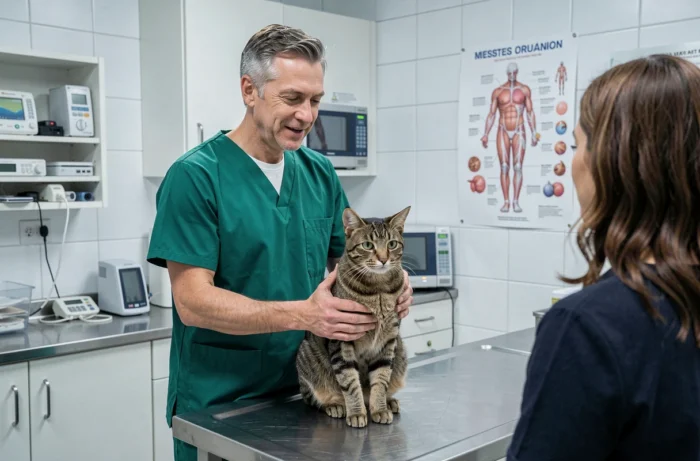 Veterinário examinando um gato tigrado em uma mesa de consulta em uma clínica veterinária profissional