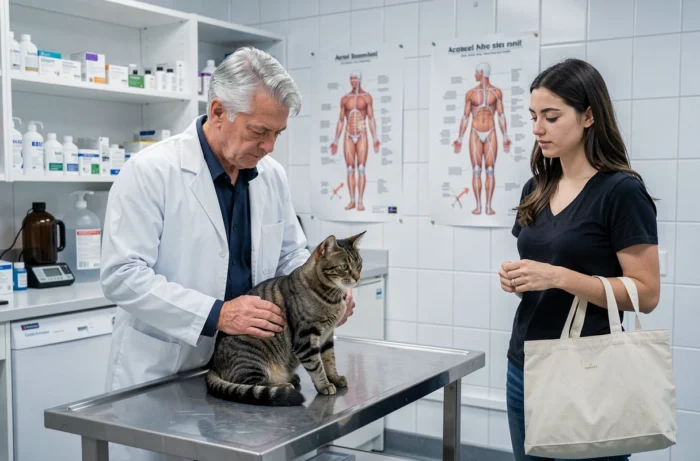 Vétérinaire examinant un chat tigré en clinique vétérinaire avec la propriétaire présente