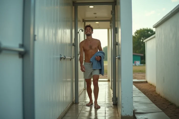 Voyageur sortant d'une douche publique gratuite dans un bloc sanitaire de camping ou complexe sportif municipal