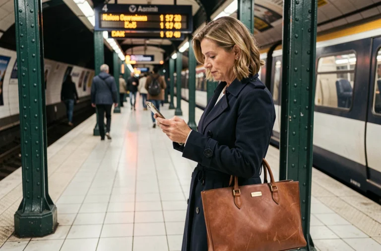 Voyageuse consultant les horaires sur son téléphone dans une station du métro parisien ligne 4