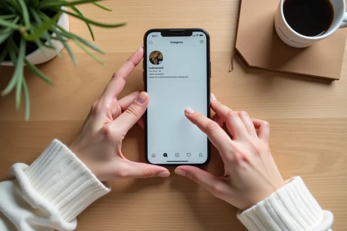 Vue aérienne d'un smartphone affichant une photo de profil Instagram zoomée avec les doigts