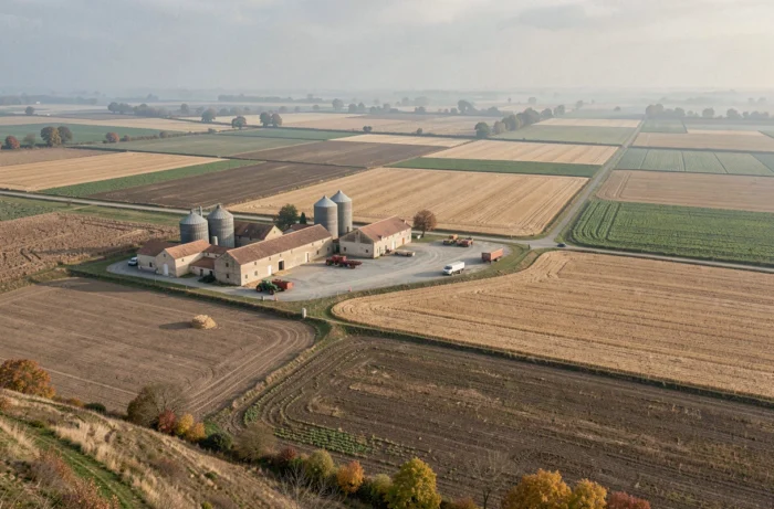 Vista panoramica di una grande azienda agricola francese in autunno con parcelle di aratura, stoppie e edifici di fattoria tradizionali