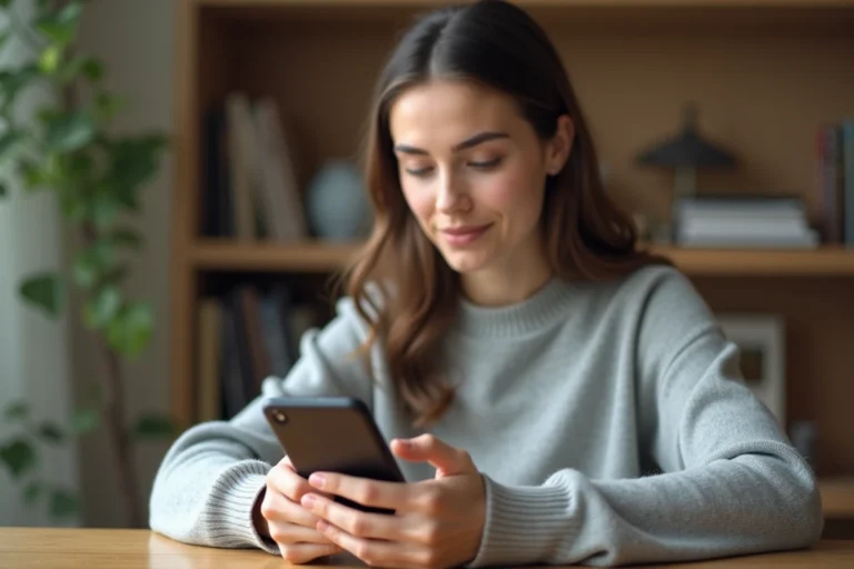 Jeune femme zoomant sur une photo de profil Instagram depuis son smartphone