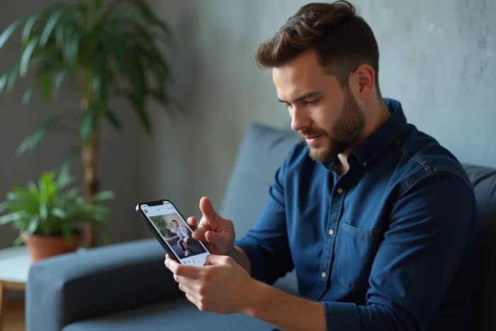 Homme consultant une photo de profil Instagram en effectuant un zoom sur son téléphone